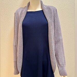 Chico’s Women’s Lavender Scarf Metallic Sheen Cardigan Ribbed Cuffs Size 2
